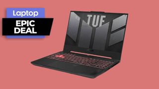 Asus TUF Gaming A17 laptop against red background