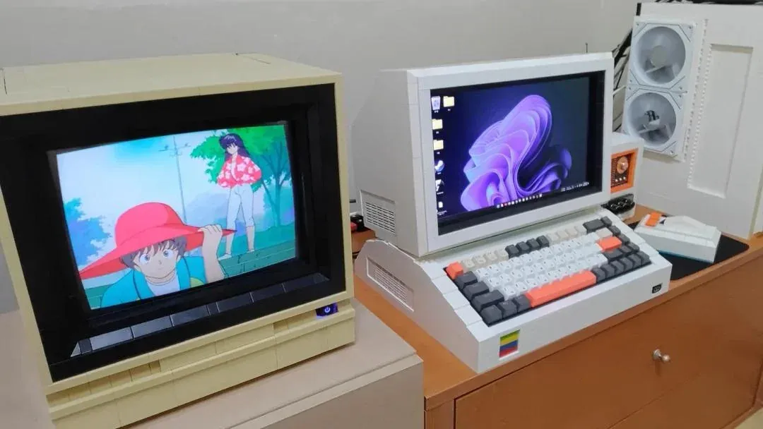 Retro Commodore-style monitor case, and vintage audio deck &mdash; all custom built from Lego