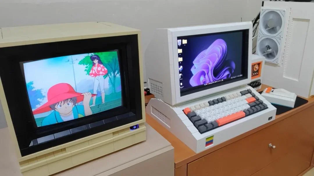 Retro Commodore-style monitor case, and vintage audio deck — all custom built from Lego