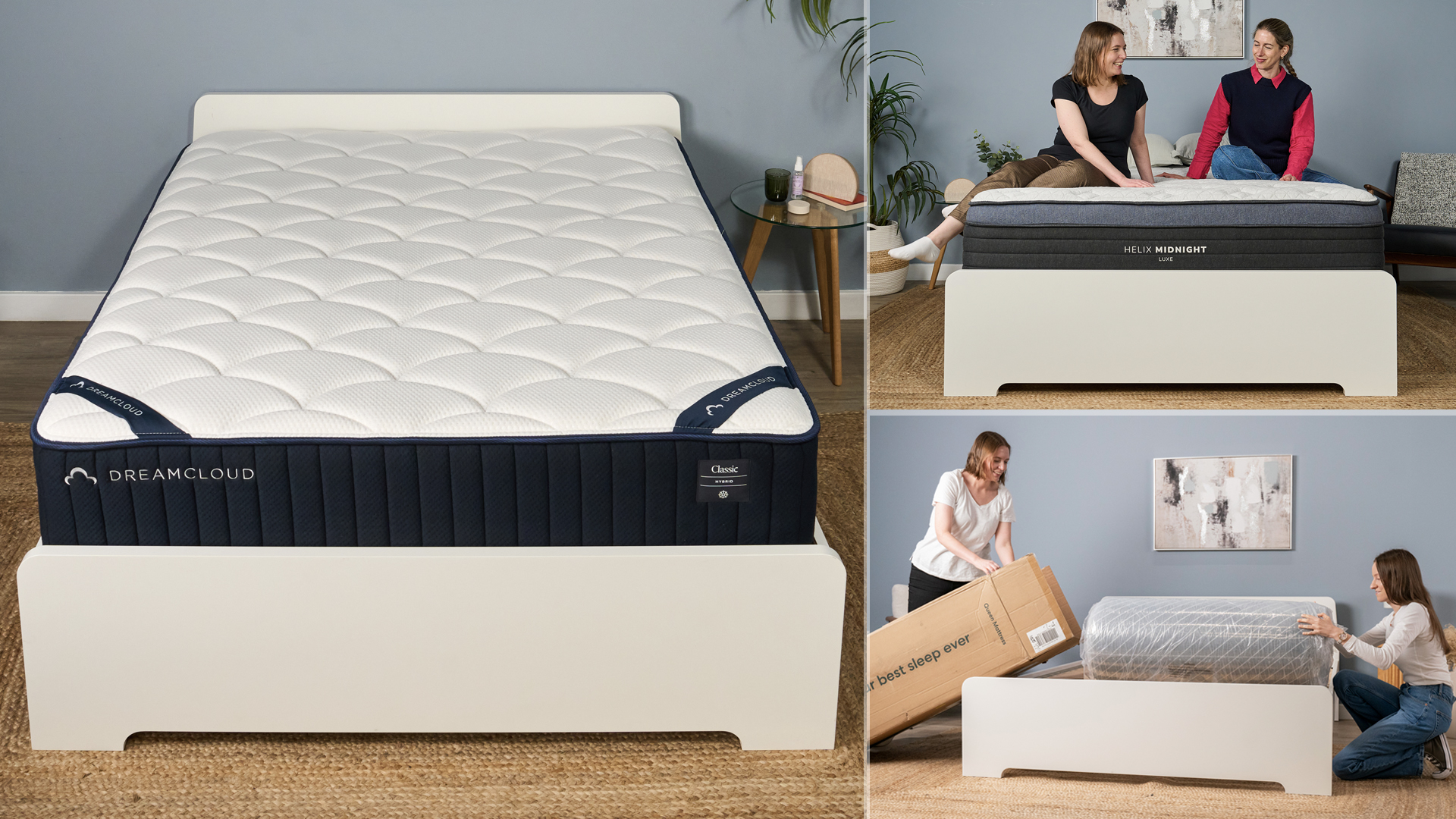 On the left is the DreamCloud Classic Hybrid mattress in the Tom's Guide Sleep Lab. Top right, the Helix Midnight Luxe mattress being tested by Ruth Jones and Nicola Appleton. Bottom right, Ruth Jones and Frances Daniels unbox the Siena Signature Mattress and prepare for testing.