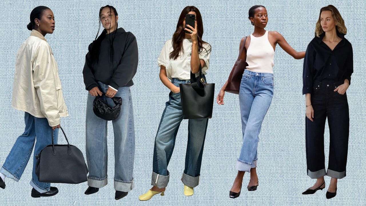 Collage of women wearing cuffed jeans.