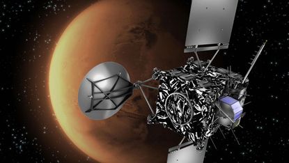An artist's impression of the Rosetta spacecraft with Mars in the background