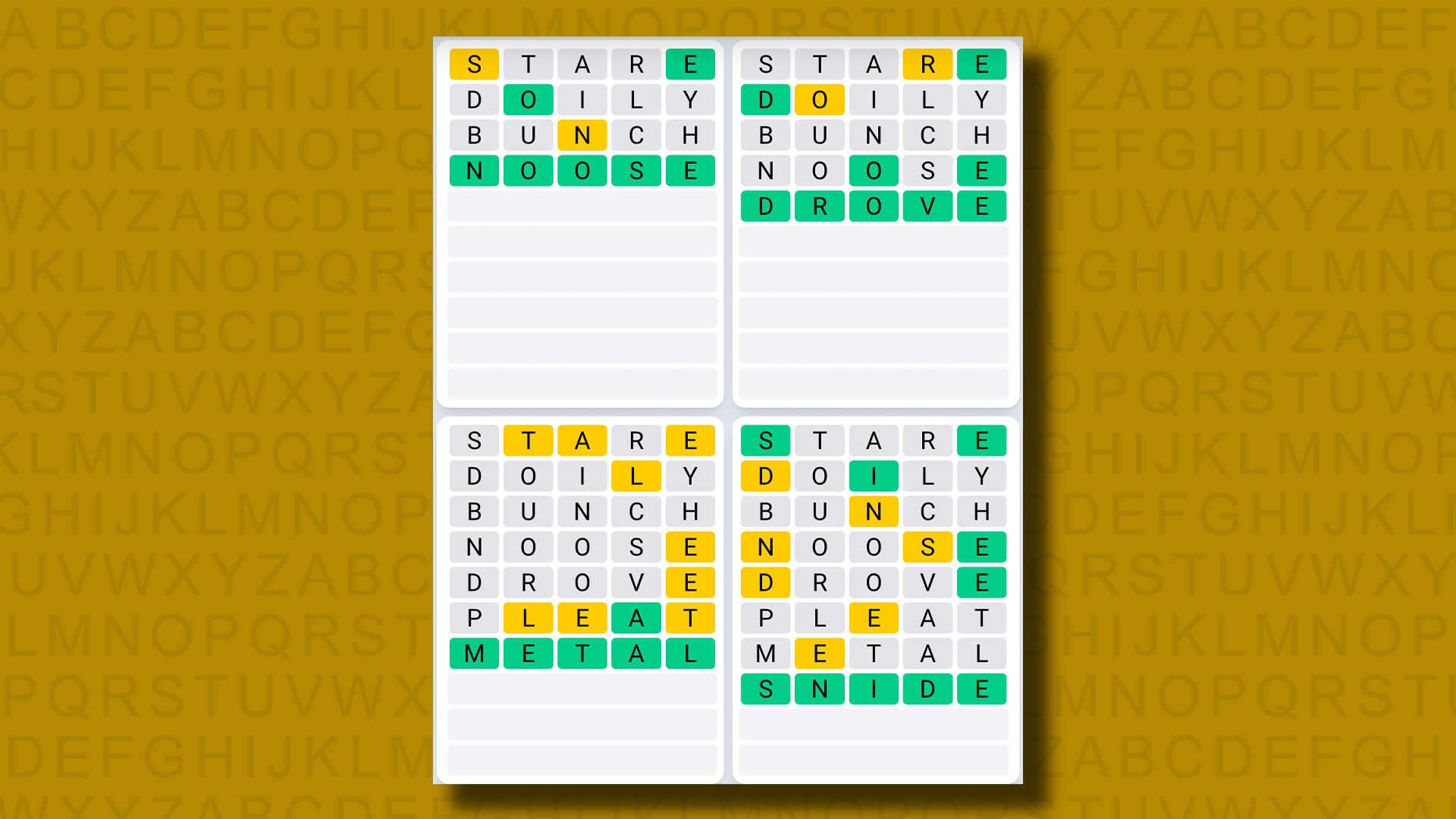 Quordle Daily Sequence answers for game 845 on a yellow background