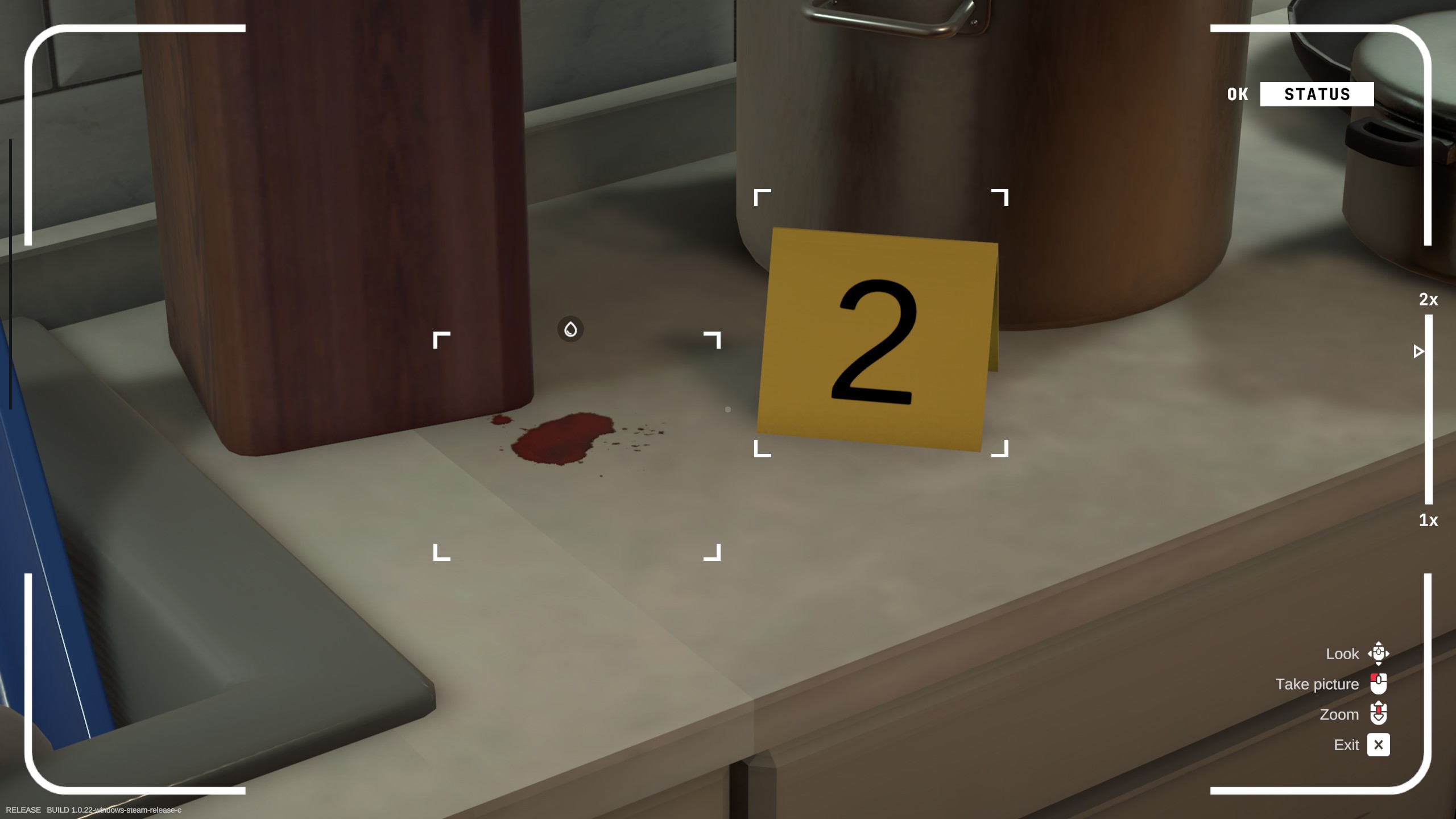 Crime scene with blood and numbered marker