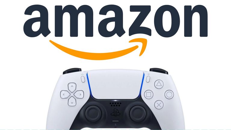 Amazon logo and PS5 DualSense controller