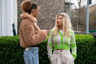 Gina Knight and Anna Knight in the Albert Square gardens talking to each other