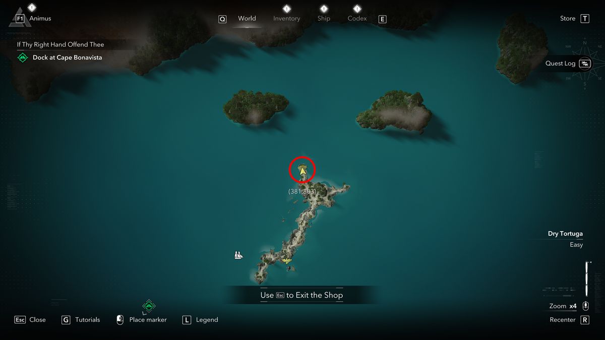 Black Flag treasure maps: A screenshot of the map with a red circle showing the location of the buried chest for the Florida (Tattered) treasure map.