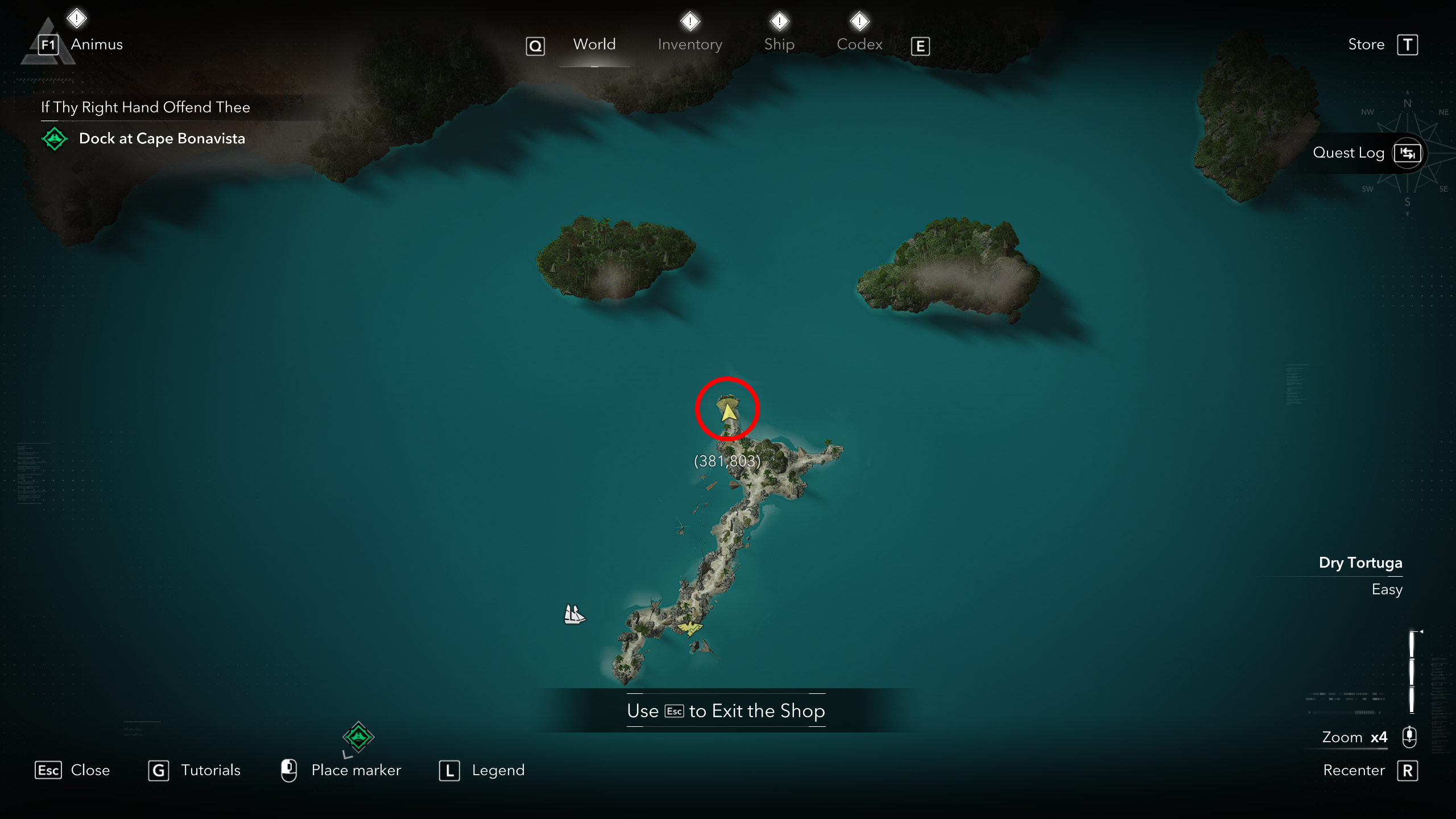 Black Flag treasure maps: A screenshot of the map with a red circle showing the location of the buried chest for the Florida (Tattered) treasure map.