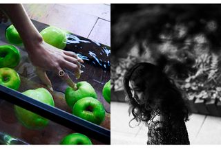 Collage of Hoyeon's hand in a bowl of green apples and Hoyeon wearing a Stella McCartney dress.