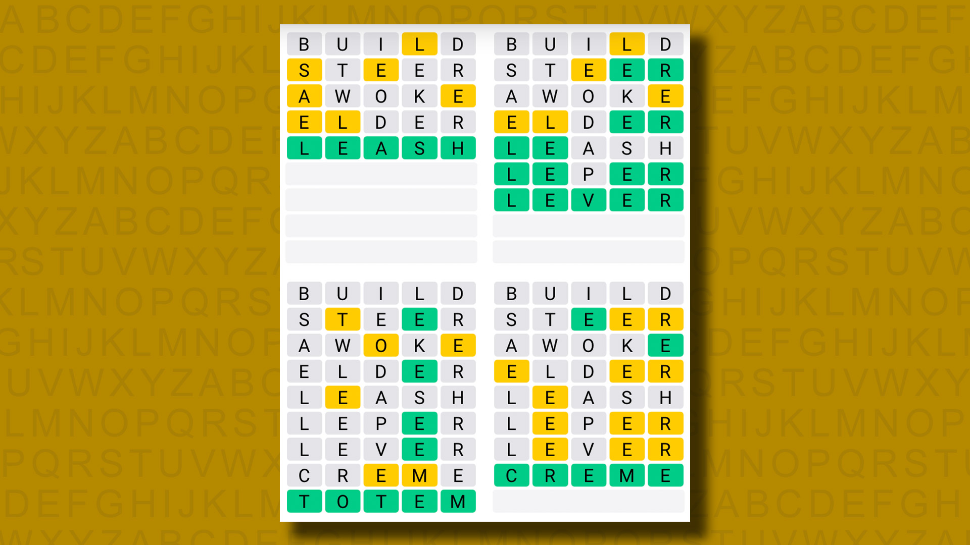 Quordle answers for game 1127 on a yellow background