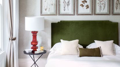 green headboard in neutral bedroom