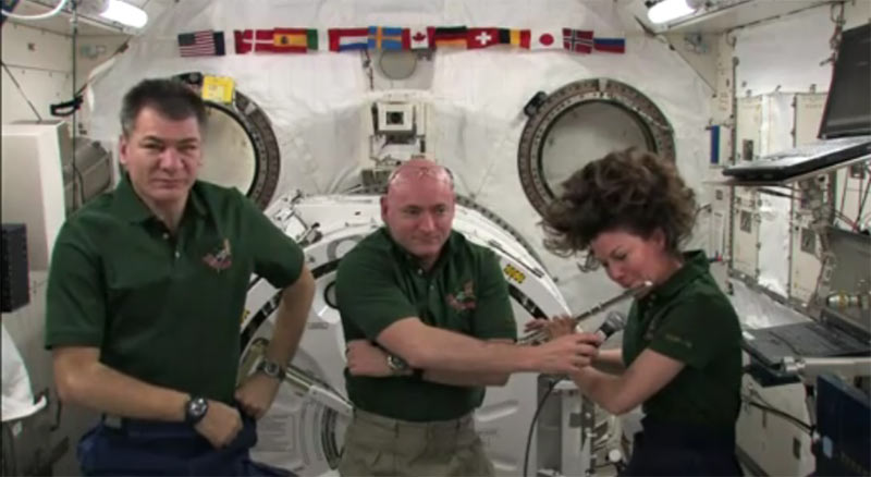 NASA astronaut Cady Coleman playing the flute on the International Space Station Feb. 9, 2011.