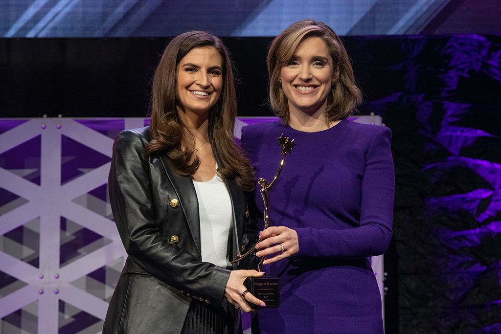 Event co-host Kaitlan Collins, anchor of CNN This Morning and chief correspondent, CNN, with former White House colleague and 2023 Woman of Influence Margaret Brennan, Face the Nation moderator and chief foreign affairs correspondent, CBS News.