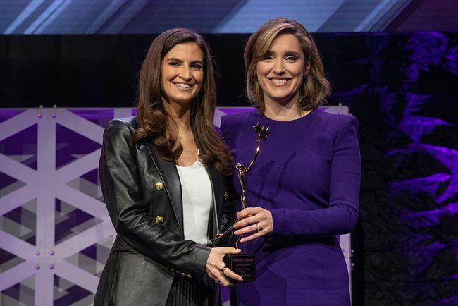 Event co-host Kaitlan Collins, anchor of CNN This Morning and chief correspondent, CNN, with former White House colleague and 2023 Woman of Influence Margaret Brennan, Face the Nation moderator and chief foreign affairs correspondent, CBS News.