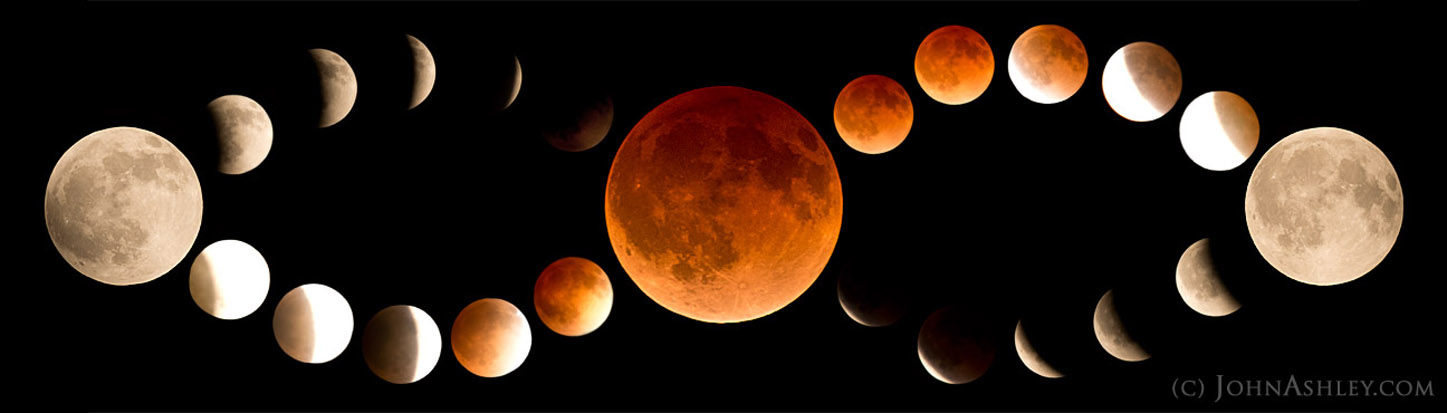 Photographer John Ashley created this striking mosaic of the blood moon phases of the total lunar eclipse on April 15, 2014 from Kila in northwestern Montana.