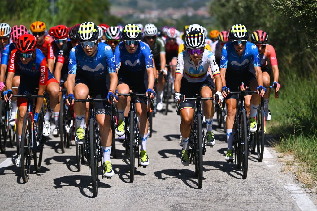 CHIETI ITALY JULY 12 Sara Martin of Spain Mareille Meijering of The Netherlands Paula Patino of Colombia and Claire Steels of The United Kingdom and Movistar Team compete during the 35th Giro dItalia Women 2024 Stage 6 a 159km stage from San Benedetto del Tronto to Chieti 330m UCIWWT on July 12 2024 in San Benedetto del Chieti Italy Photo by Luc ClaessenGetty Images
