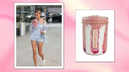 Hailey Bieber drinking a pink smoothie while walking down the street and the Erewhon Hailey Bieber Strawberry Glaze Skin Smoothie