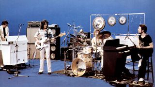 King Crimson in Paris in March 1974 at the ORTFTV Studio (l-r): David Cross (playing Mellotron), John Wetton, Bill Bruford, Robert Fripp