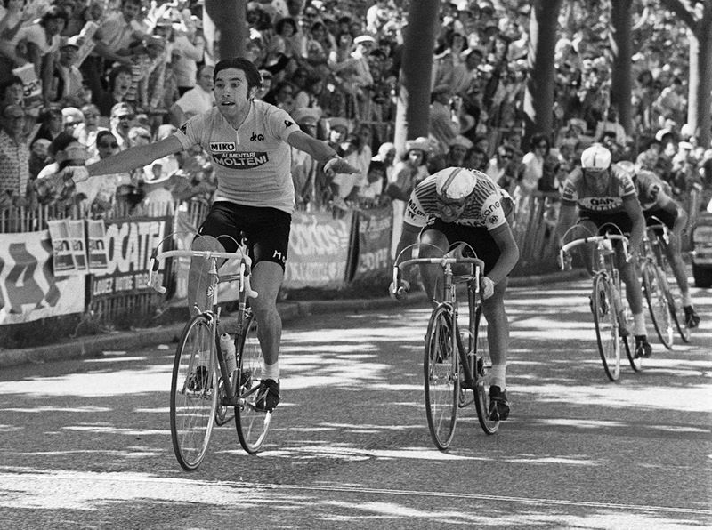 Eddy Merckx celebrates another Tour stage win. This one in 1974 on stage 10