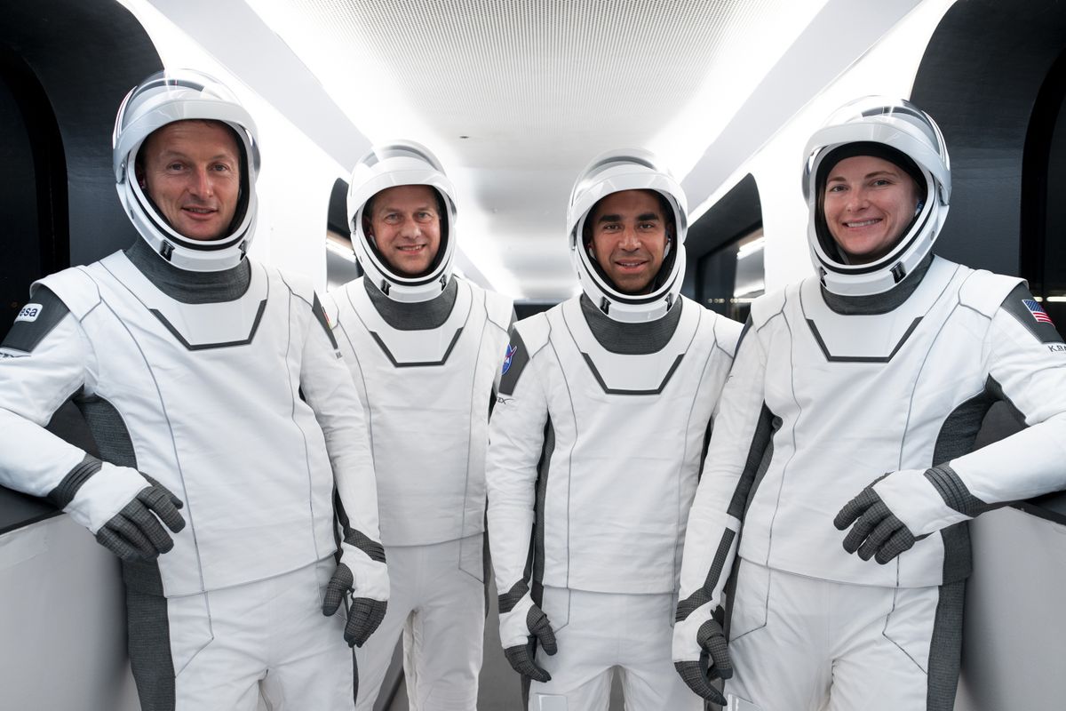 The four astronauts of SpaceX&#039;s Crew-3 mission to the International Space Station for NASA pose for a photo on the gantry to their Crew Dragon Endurance during a launch rehearsal. They are (from left): ESA astronaut Matthias Maurer, NASA astronauts Tom Marshburn, Raja Chari and Kayla Barron.