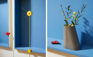 Left: 'Agrafes' also includes this clock with whimsically oversized hands. Right: Thomas Elliott Burns mimicked the raw concrete finish of the Cité Radieuse in this 'Pilotis' vase