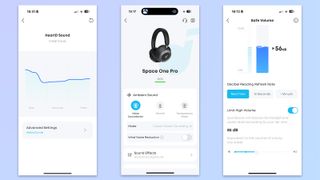 three screenshots from the soundcore app showing hearID personalised EQ, safe volume, and the home screen
