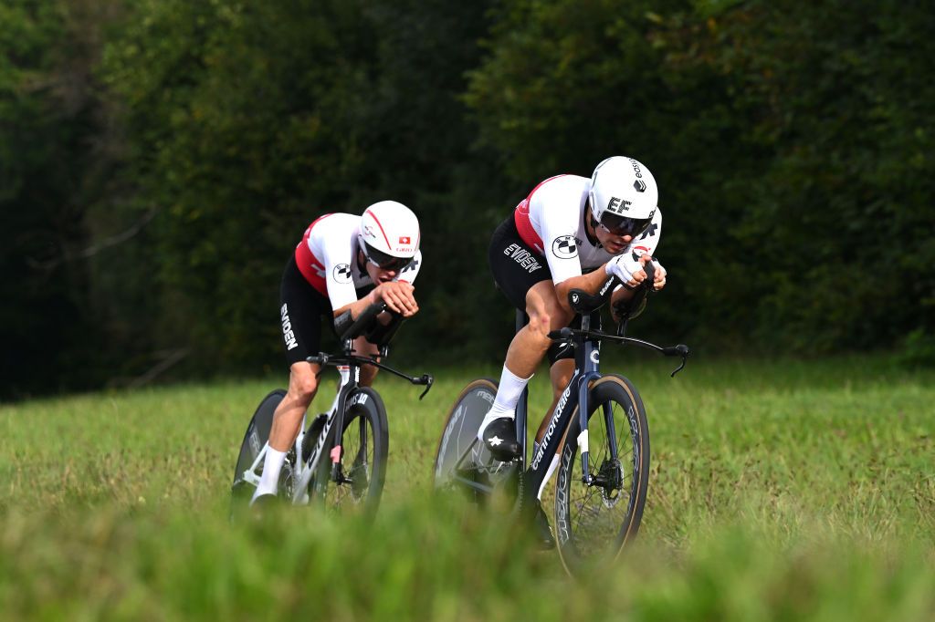 ZURICH SWITZERLAND SEPTEMBER 25 Fabian Weiss and Stefan Bissegger of Team Switzerland sprint during the 97th UCI Cycling World Championships Zurich 2024 Mixed Relay Team Time Trial a 537km one day race from Zurich to Zurich on September 25 2024 in Zurich Switzerland Photo by Tim de WaeleGetty Images