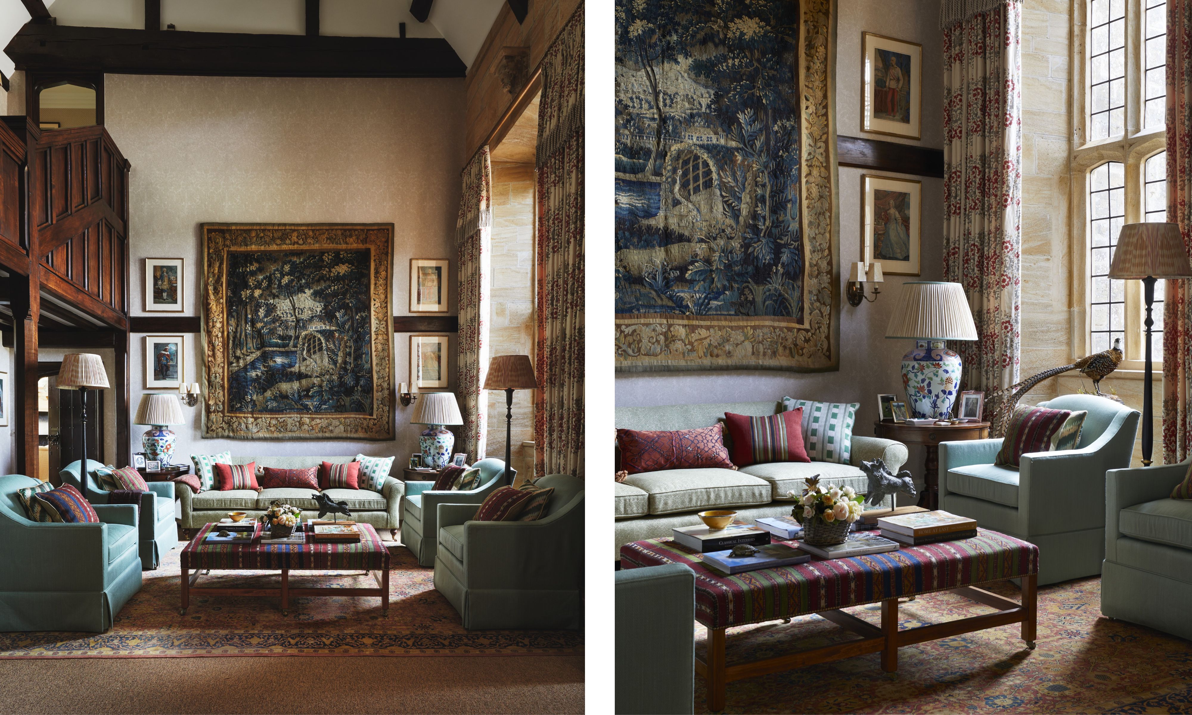 living room of a traditional jacobean home with wooden beams and a large tapestry hung on the wall, styled with artwork, a light green sofa, four tub chairs and a striped upholstered ottoman