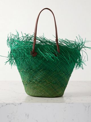 Leather-Trimmed Frayed Ombré Straw Tote