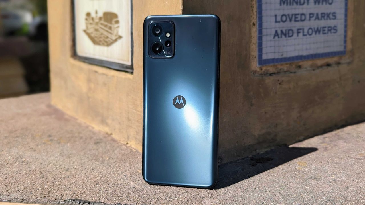 Moto G Power 5G against a pillar