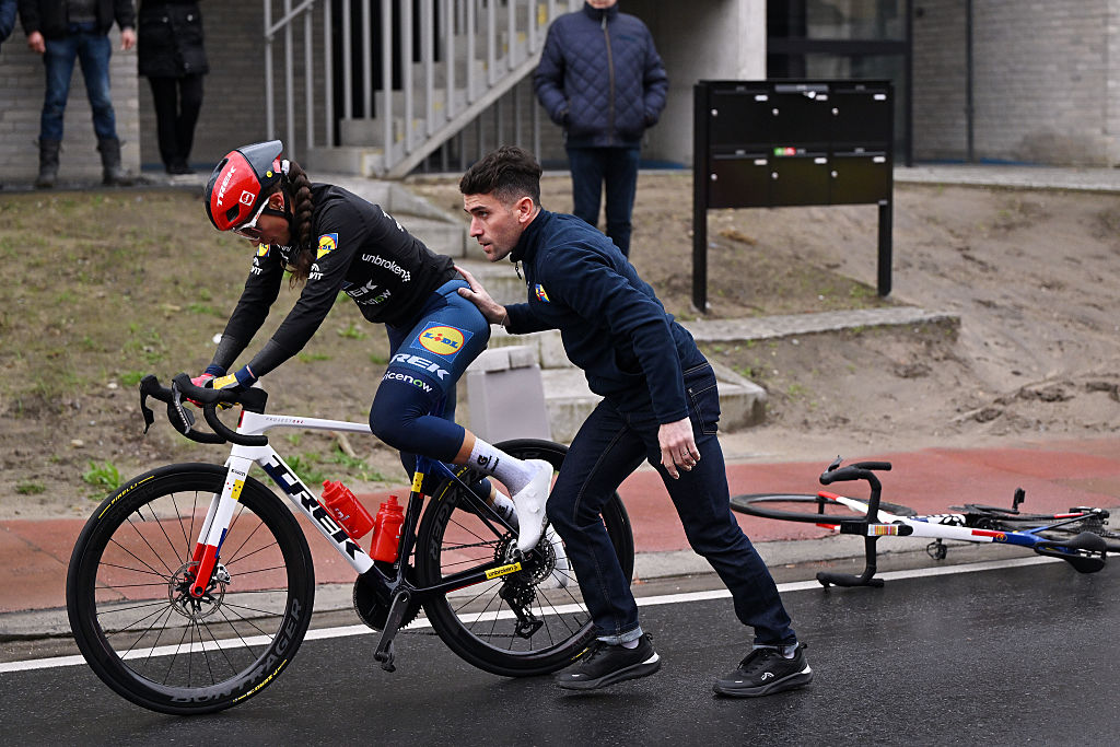 GHENT, BELGIUM - FEBRUARY 28: Elisa Balsamo of Italy and Team Lidl - Trek changes her bike prior to the 21st Omloop Het Nieuwsblad 2026, Women's Elite a 137.2km one day race from Ghent to Ninove / #UCIWWT / on February 28, 2026 in Ghent, Belgium. (Photo by Luc Claessen/Getty Images)