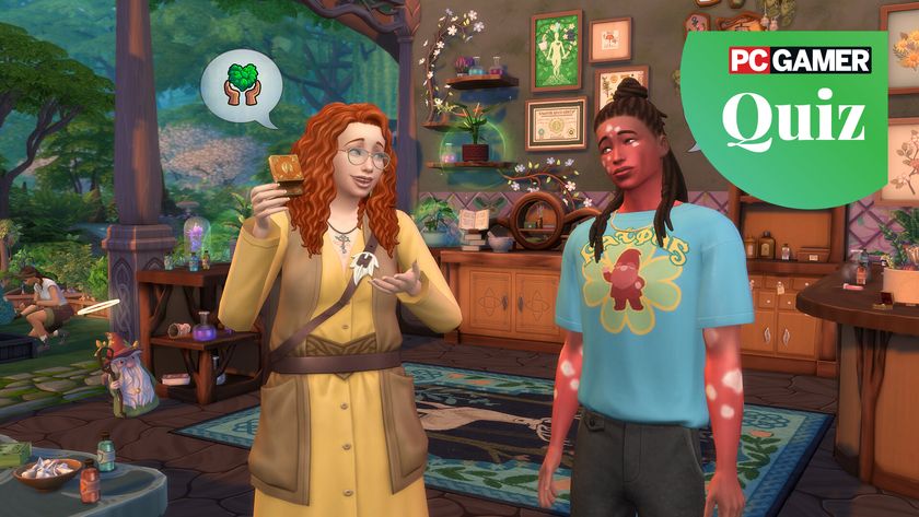 Two Sims having a conversation. The PC Gamer quiz icon is in the top right corner.