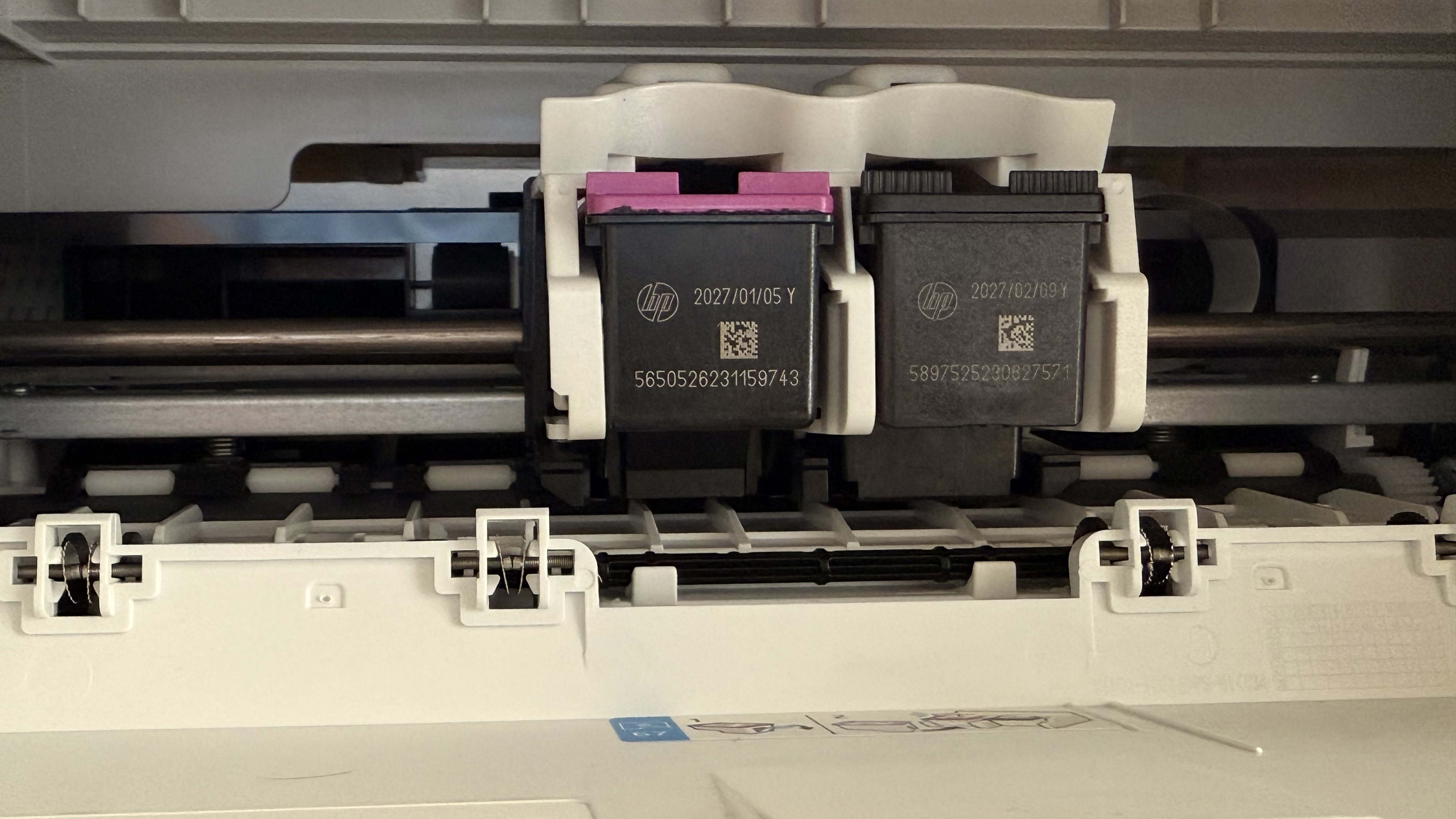 Inside of the HP DeskJet 2855e showing ink cartridges