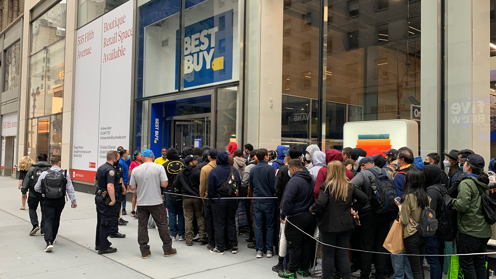 Customers wait in line outside New York City's Best Buy for a chance to buy an RTX 3080 Ti.