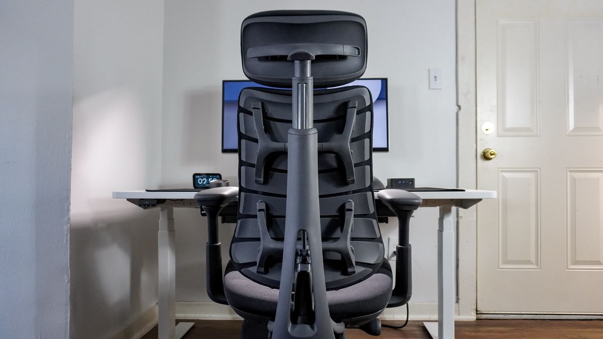 The LiberNovo Omni office chair pushed into a desk and seen from behind with the flexible panels that make up it backrest visible