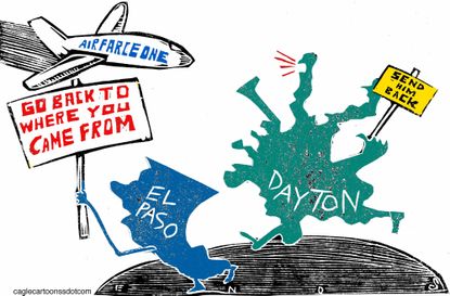 Political Cartoon U.S. El Paso Dayton Shootings Trump Visit Send Him Back