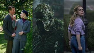 Three images show: A couple standing in front of a hedge from Rebecca; Swamp Thing in the bayou; and a young girl looking scared in the ground of a large mansion in The Haunting of Bly Manor