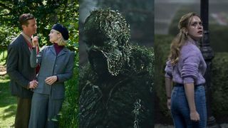 A couple standing in front of a hedge from Rebecca; Swamp Thing in the bayou; and a young girl looking scared in the ground of a large mansion in The Haunting of Bly Manor