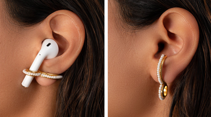  Woman wearing airpod earring and also just the earring itself