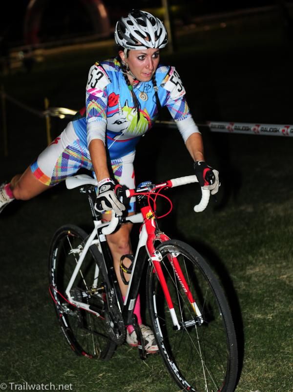 Sonya Looney dismounting before the steps