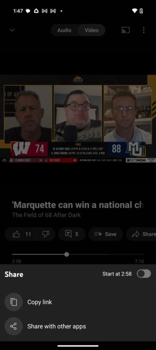 The timestamp sharing option in YouTube Music.