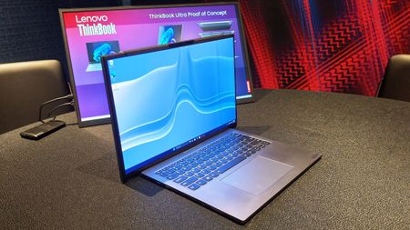 Lenovo's Project Swan 14-inch laptop with its rollable display extened to 17-inches.