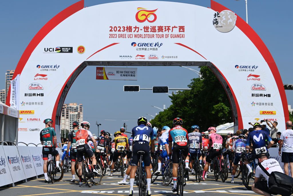 BEIHAI CHINA OCTOBER 12 LR Ryan Mullen of Ireland and Team BORAHansgrohe Christophe Noppe of Belgium and Team Cofidis Ivan Ramiro Sosa of Colombia and Movistar Team Johannes Adamietz of Germany and Team Lotto Dstny Niklas Markl of Germany and Team DSMFirmenich Jonas Rutsch of Germany and Team EF EducationEasypost Omer Goldstein of Israel and Team IsraelPremier Tech Max Kanter of Germany and Movistar Team and a general view of the peloton prior to the 4th GreeTour of Guangxi 2023 Stage 1 a 1356km stage from Beihai to Beihai UCIWT on October 12 2023 in Beihai China Photo by Tim de WaeleGetty Images