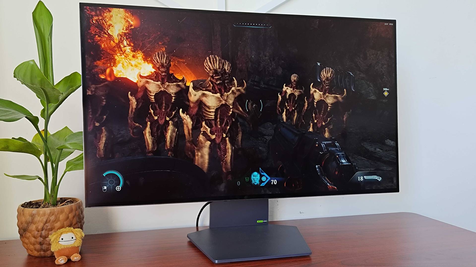 LG UltraGear 32GS95ue-B با Doom: The Dark Ages Gameplay روی صفحه نمایش با Mob of Enemies.