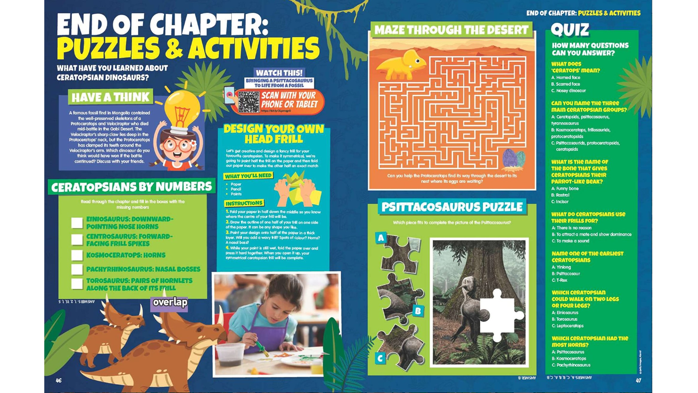 An example of a spread within the magazine which is filled with colourful cartoons, games, puzzles and challenges