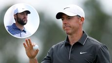 Main image of Rory McIlroy holding up his ball to the patrons at the 2025 Masters while Scottie Scheffler looks on (inset)