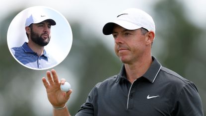 Main image of Rory McIlroy holding up his ball to the patrons at the 2025 Masters while Scottie Scheffler looks on (inset)