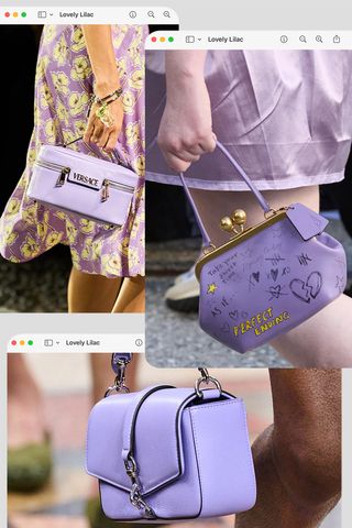 a collage of runway images depicting the bag color trend spring 2025: lilac in Versace, Coach, and Gucci's collections