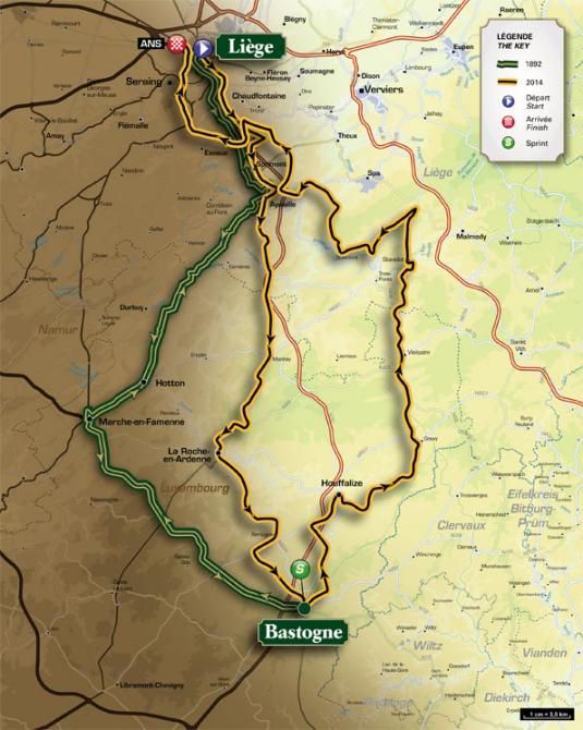 Map of the 100th edition of Li&egrave;ge-Bastogne-Li&egrave;ge