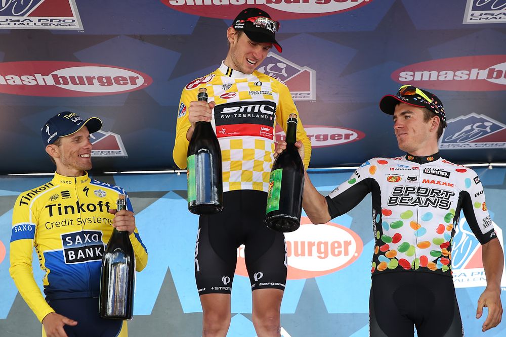 Tejay van Garderen, Serghei Tvetcov and Rafal Majka on the podium after stage 5 at the 2014 USA Pro Challenge